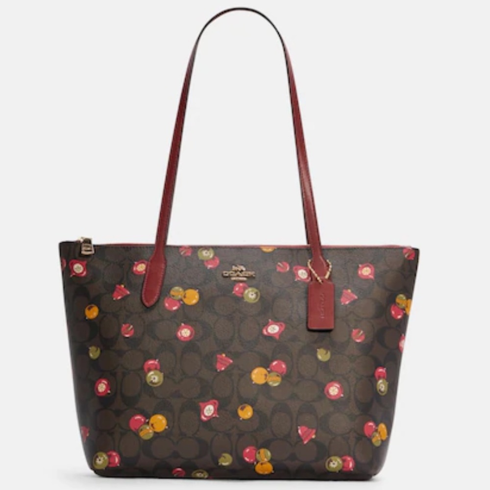 NWT COACH Zip Top Tote In Signature Canvas With Ornament Print Brown /Black Mult - Picture 7 of 16